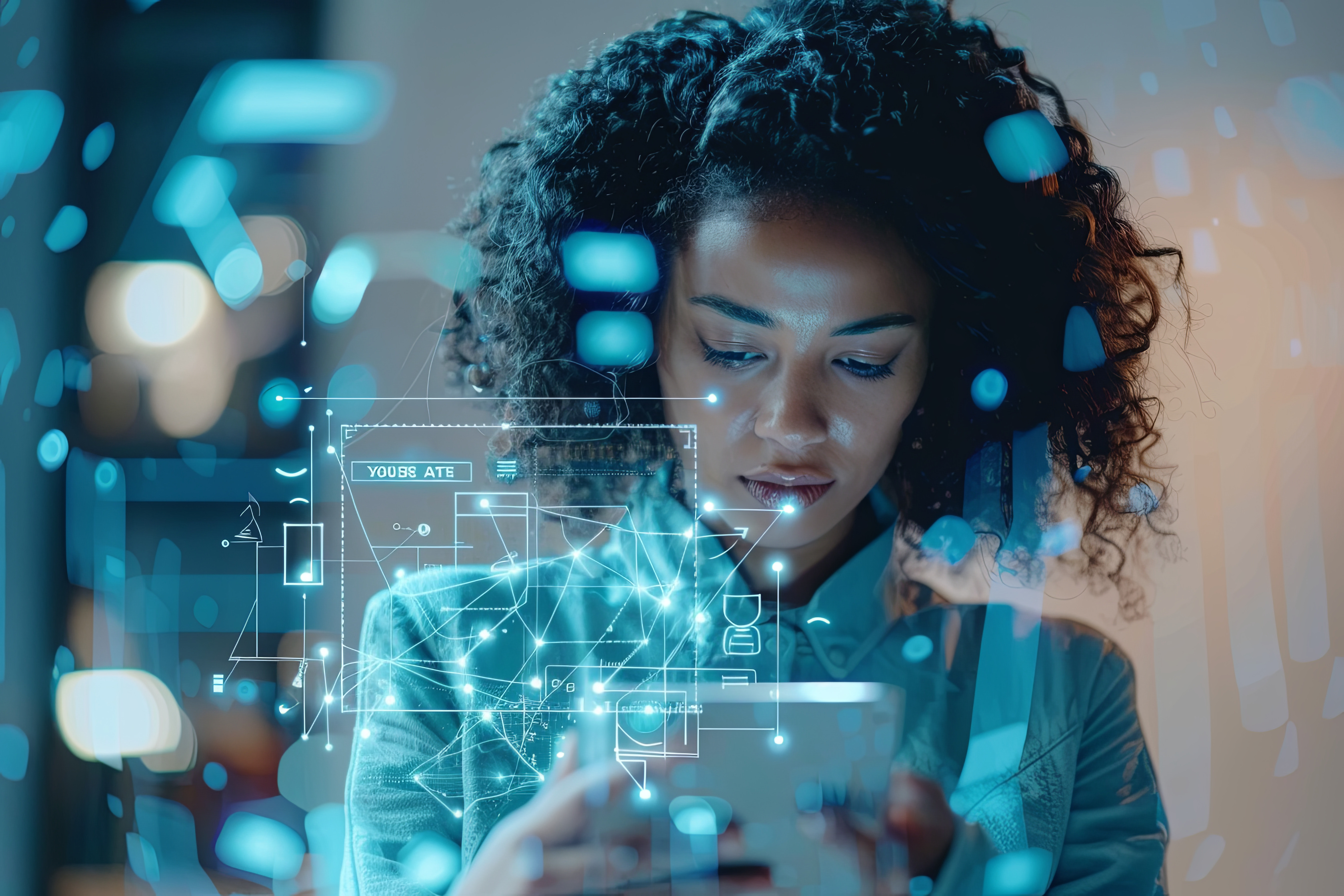 Digital diagram with pulse points overlaying a brown haired woman holding a device